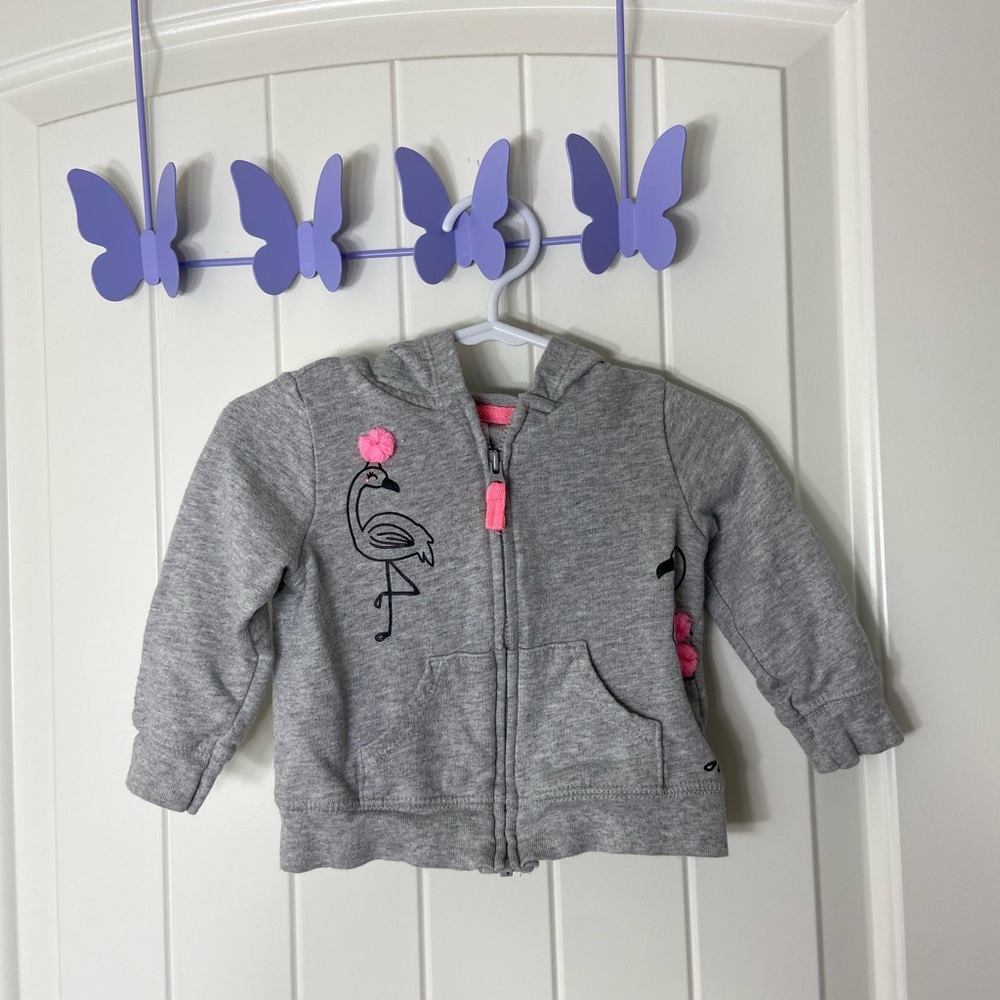 Carter’s‎ baby girl light gray pink flamingo hooded zip sweatshirt 9 months
